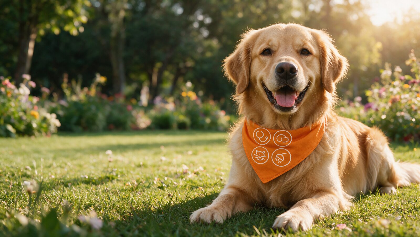 Cão deitado na grama usando bandana laranja da Lillow